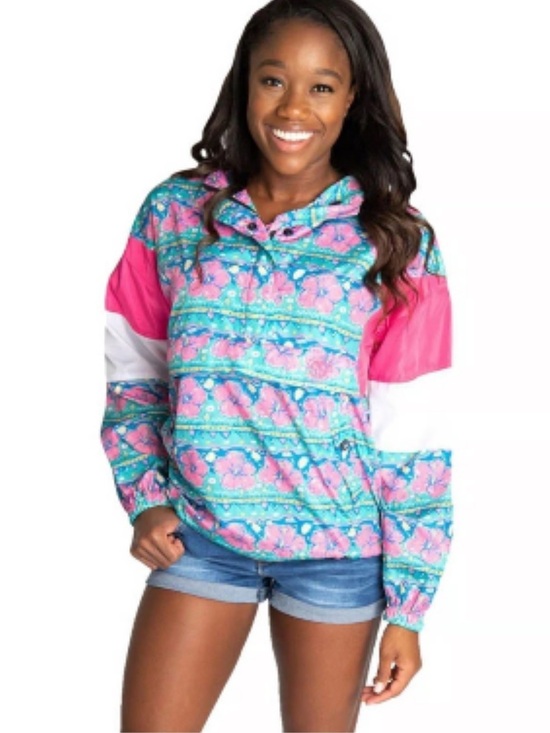 Simply Southern Tops - Simply Southern Retro Hibiscus Raincoat Pullover Hoodie Pink Green Small NWT